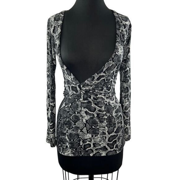 SKY Tops - SKY White Black Deep Cut Blouse Top Snake Print Ruched Long Sleeve Size S Small